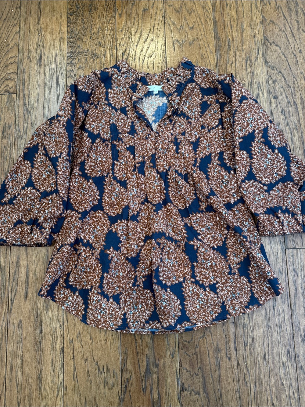 Melissa Nupton Printed Cotton Blouse in Navy/Brown, Medium